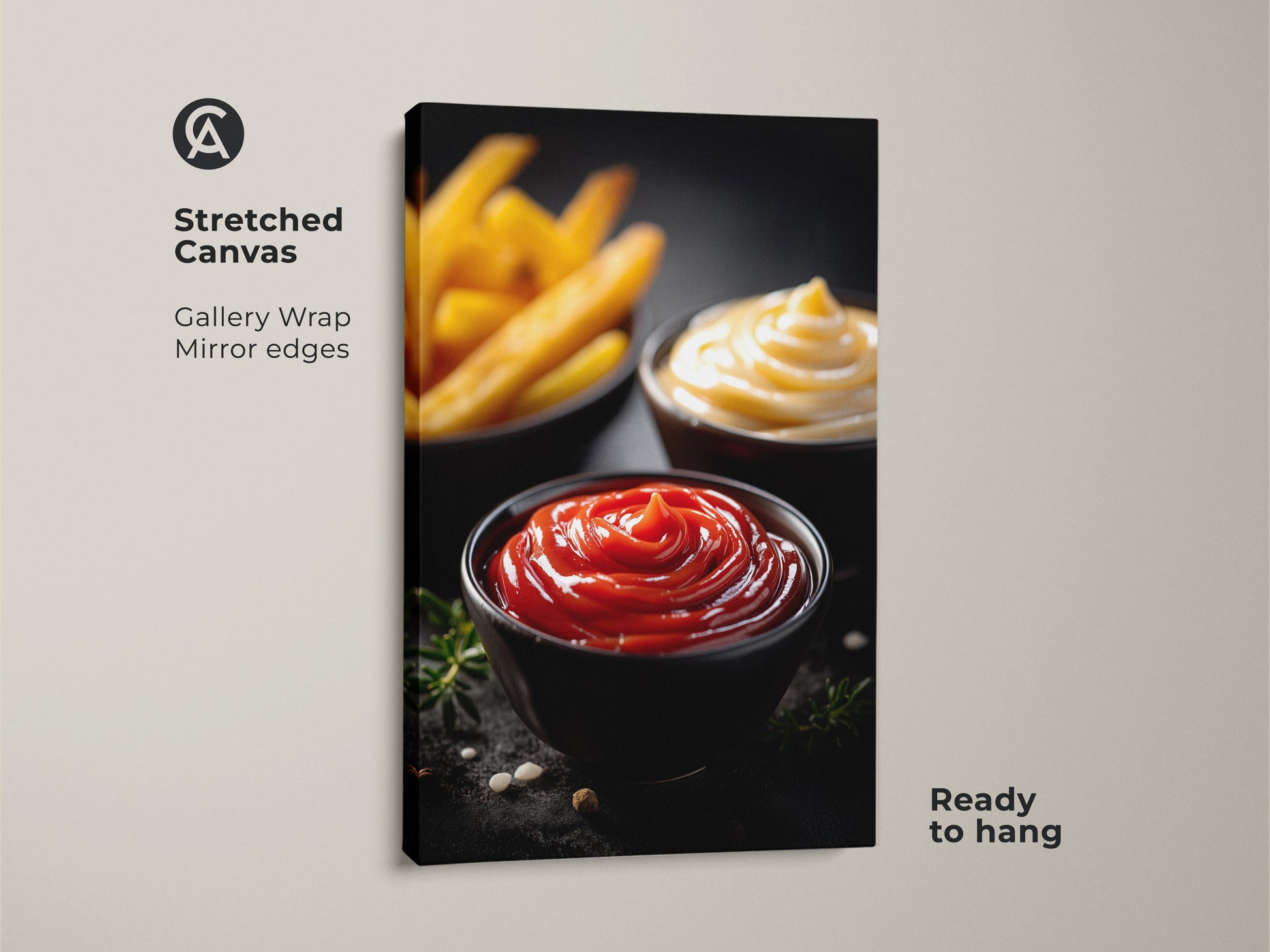 A stretched canvas gallery wrap of ketchup mayo and fries art. This modern food photography print has mirror edges. It's ready to hang adding a playful yet sophisticated touch to your kitchen or dining space. Ideal for food lovers and home bakers. A housewarming gift for those who appreciate delicious art.