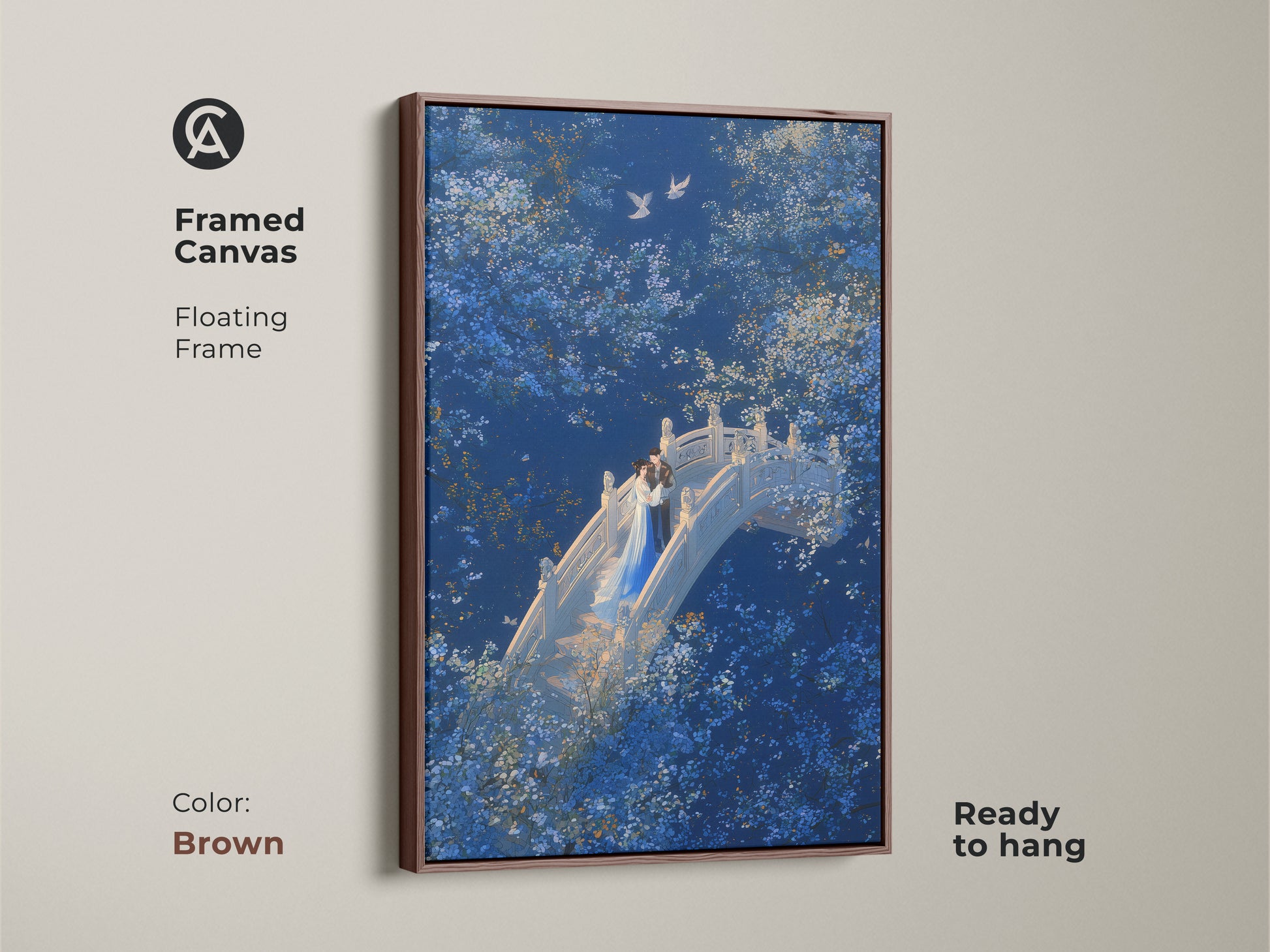 Framed Canvas: A Couple on Bridge Wall Art with a brown floating frame. The Deep Blue Romantic Art features White Blossom elements. This Fantasy Nature Couple Art is ready to hang. A perfect Anniversary Gift for Lovers. This romantic bedroom art enhances any space.