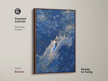 Framed Canvas: A Couple on Bridge Wall Art with a brown floating frame. The Deep Blue Romantic Art features White Blossom elements. This Fantasy Nature Couple Art is ready to hang. A perfect Anniversary Gift for Lovers. This romantic bedroom art enhances any space.