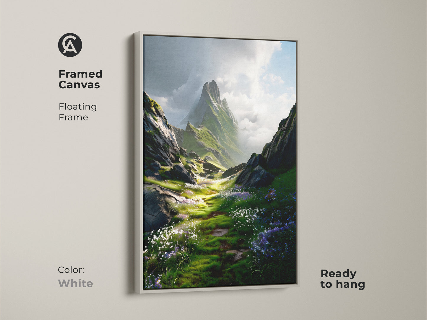 Framed canvas art in a white floating frame. This Green Floral Meadow art print is a mountain landscape canvas. The serene outdoor scene canvas is ready to hang.