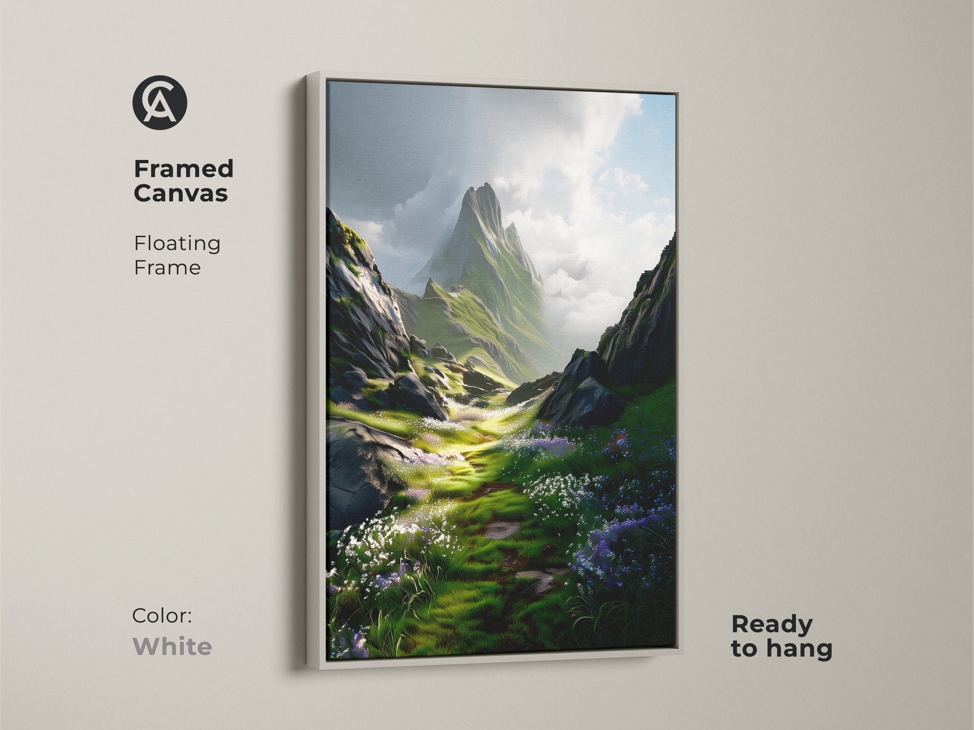 Framed canvas art in a white floating frame. This Green Floral Meadow art print is a mountain landscape canvas. The serene outdoor scene canvas is ready to hang.