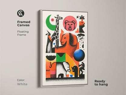 Framed canvas of mid-century modern wall art. This retro animal print features a giraffe and elephant. The eclectic home decor canvas is a vibrant piece. The floating frame is white. It is an abstract geometric wall art. The orange green art print is ready to hang.