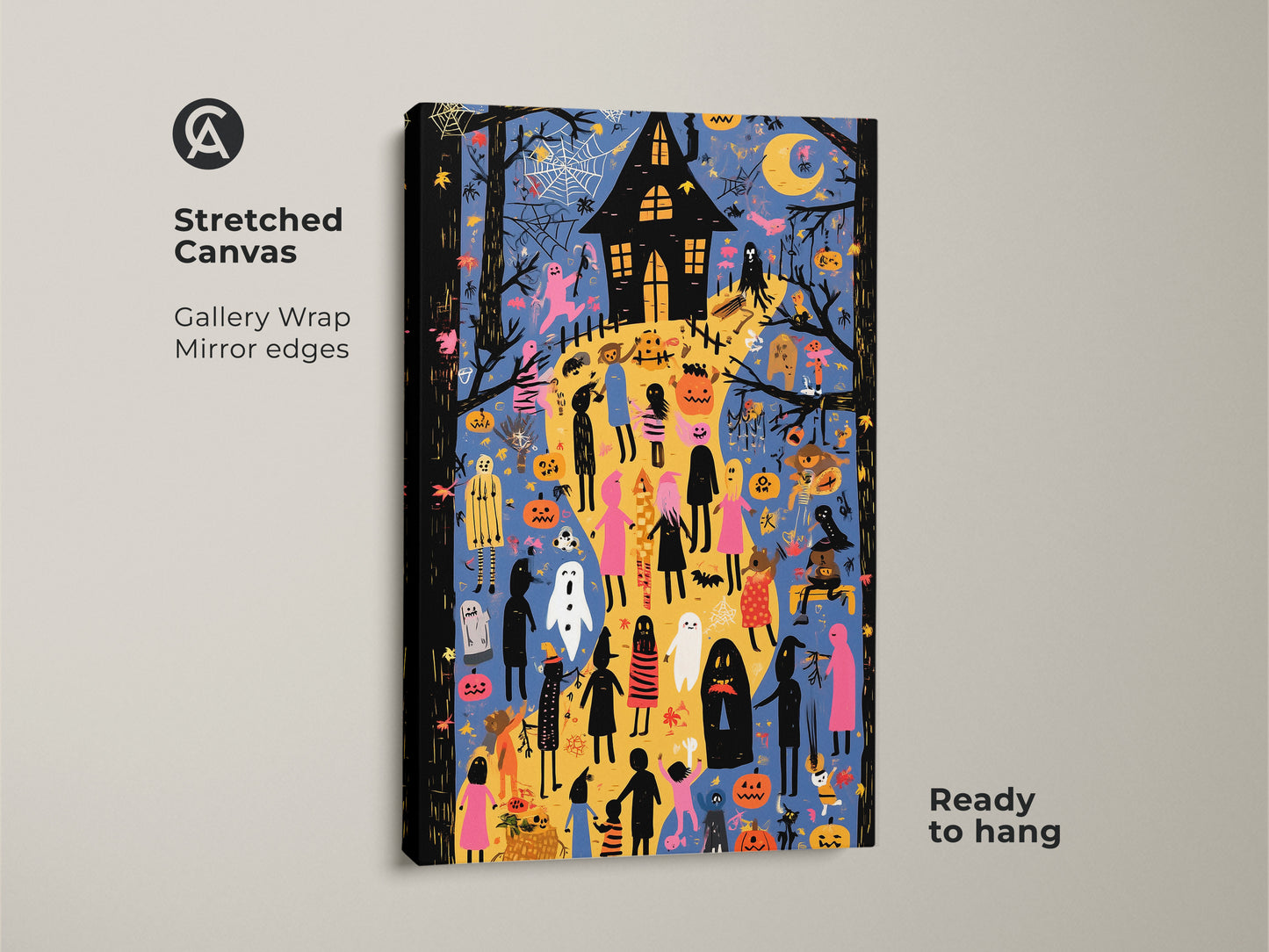 Discover our Spooky Cute Ghost Art. This stretched canvas features a haunted house pumpkin patch. See the vibrant orange blue and yellow artwork ideal for Halloween wall art. Perfect for a kids room or festive fall decor. Get this unique print ready to hang and add a touch of Halloween to your home.