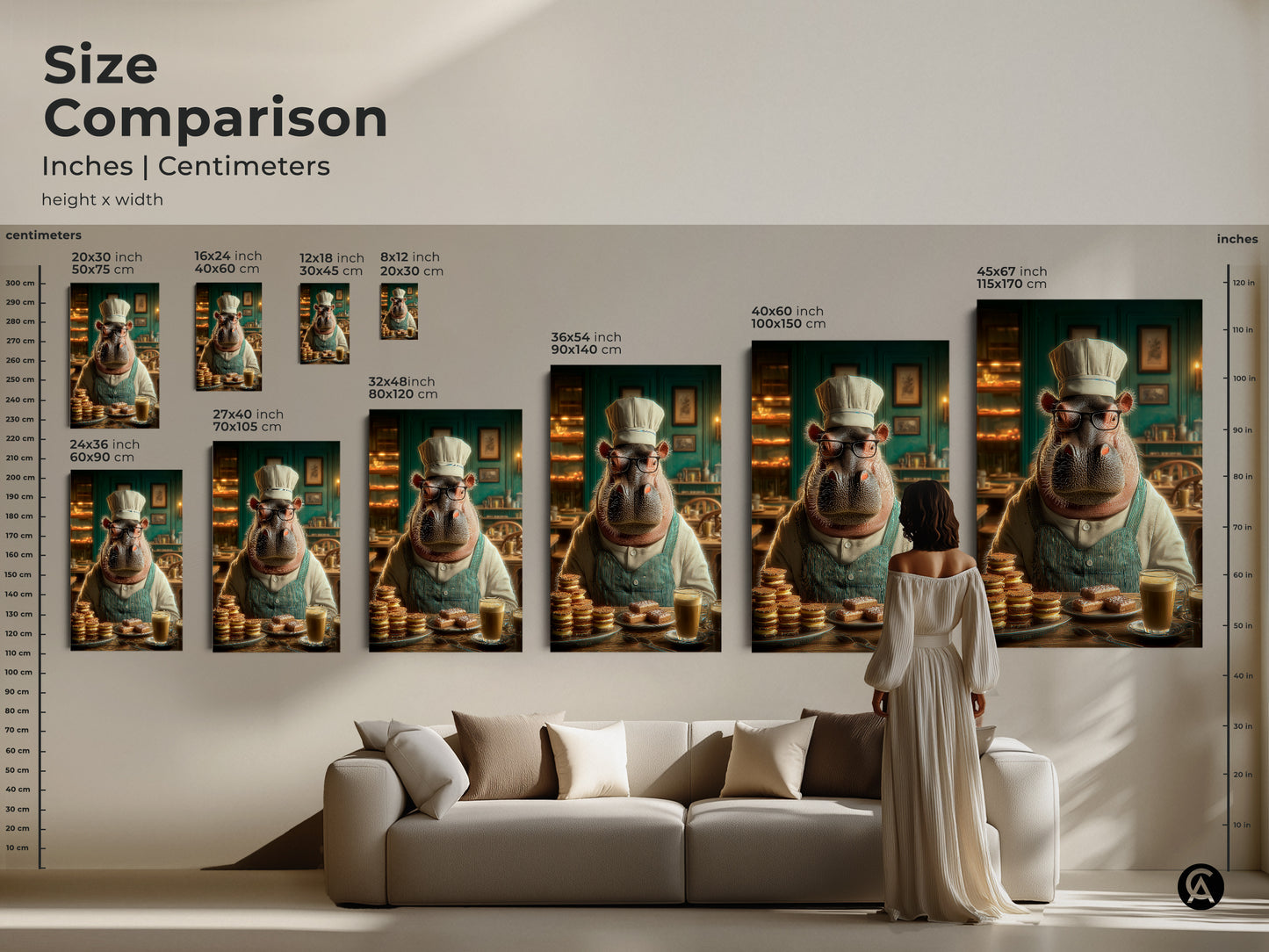 Size comparison of the hippo chef art print in inches and centimeters. See how this funny animal art fits above a sofa or complements your kitchen wall. Ideal for coffee shops or as a quirky foodie gift this brown cream and teal artwork adds charm.