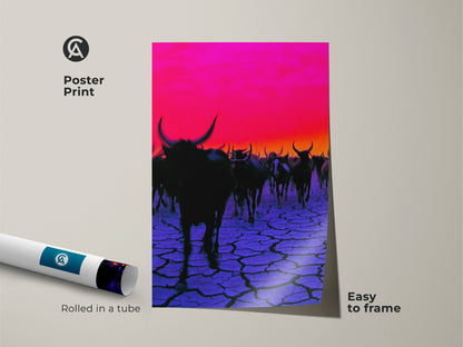 Surreal animal herd poster print. Featuring a magenta sky and purple cracked earth. The artwork is rolled in a tube for easy framing. A vibrant and unique piece for eclectic wall decor.