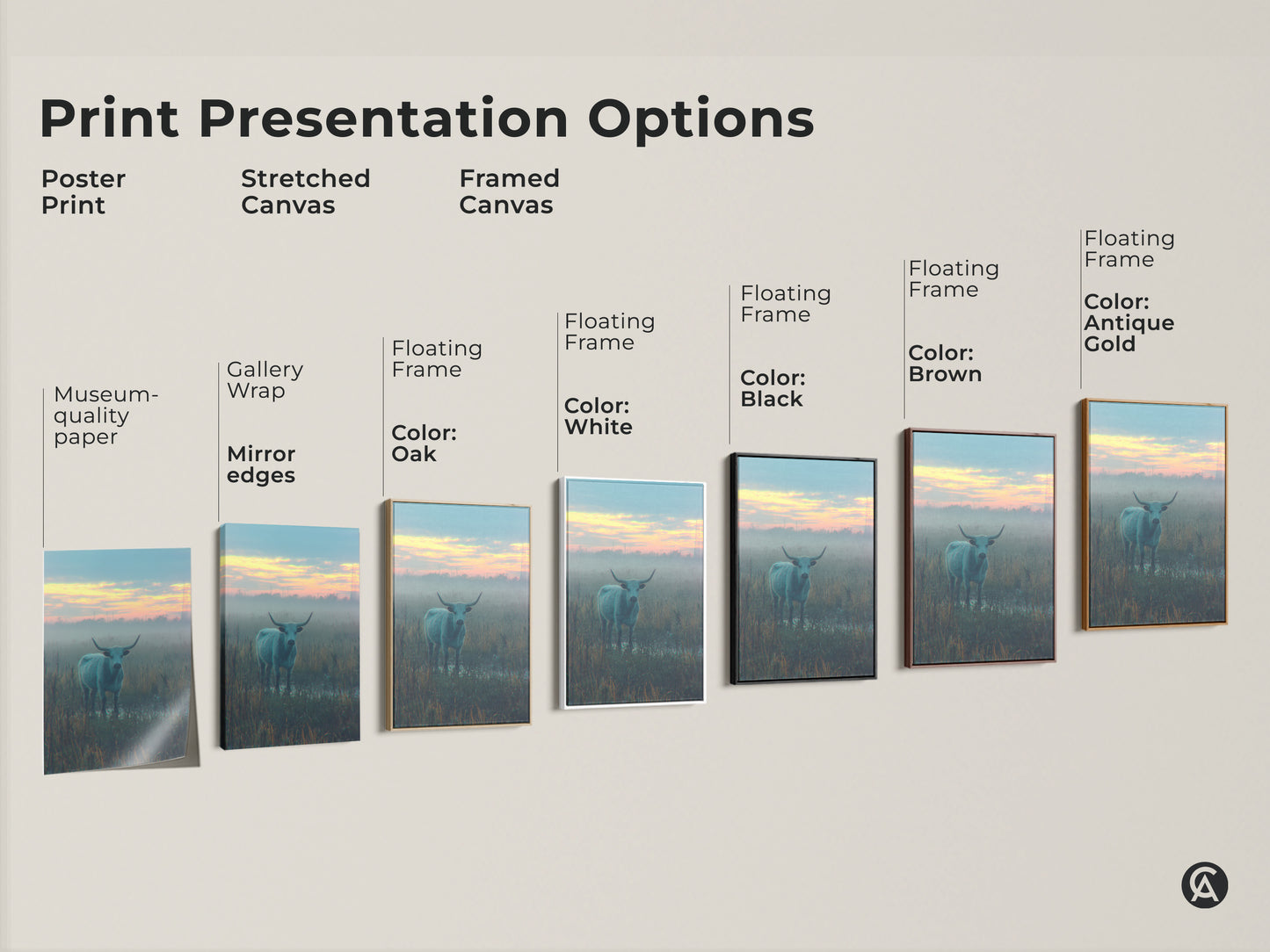 Print presentation options showcasing various styles of a longhorn bull artwork. Choose from poster prints stretched canvas and framed canvas options. Each style enhances the art in its unique way.
