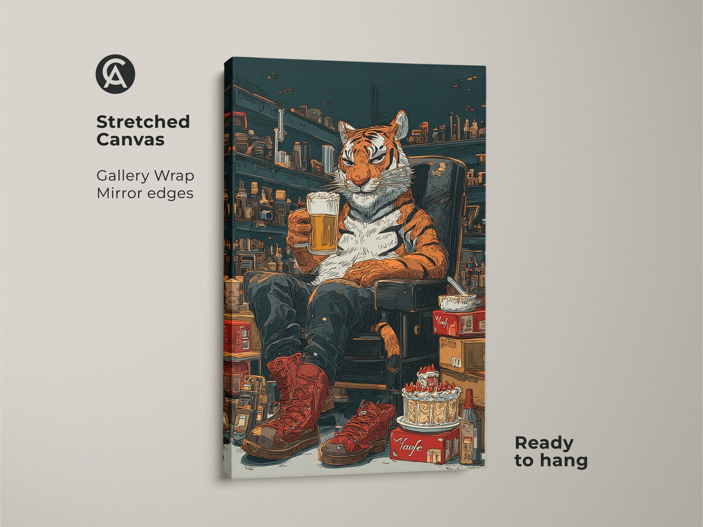 Stretched canvas of a tiger drinking beer. Gallery wrapped with mirror edges this pop art tiger wall decor is ready to hang. This comic style animal artwork is perfect for a man cave bar decoration. It's an eclectic tiger poster.