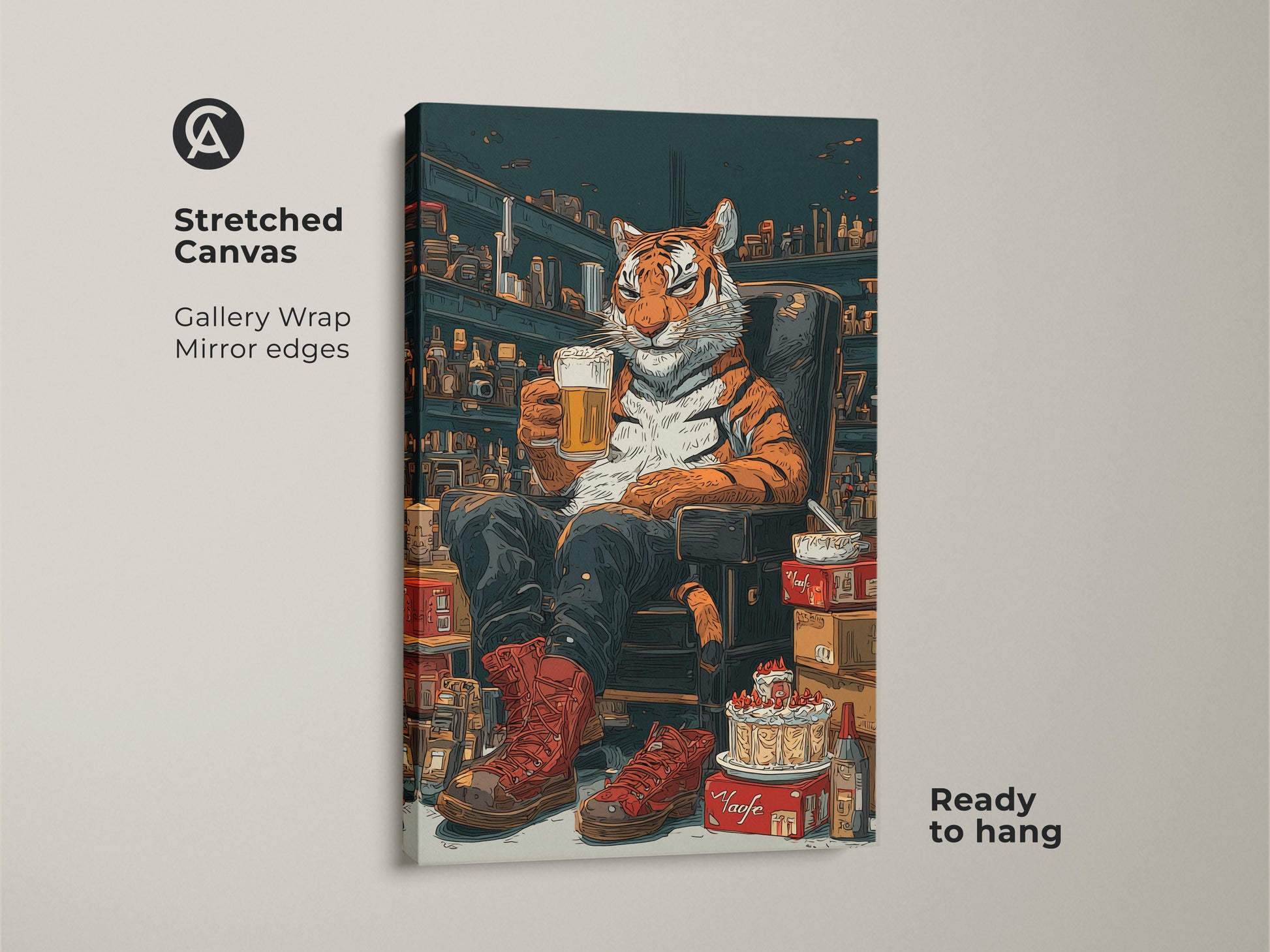 Stretched canvas of a tiger drinking beer. Gallery wrapped with mirror edges this pop art tiger wall decor is ready to hang. This comic style animal artwork is perfect for a man cave bar decoration. It's an eclectic tiger poster.