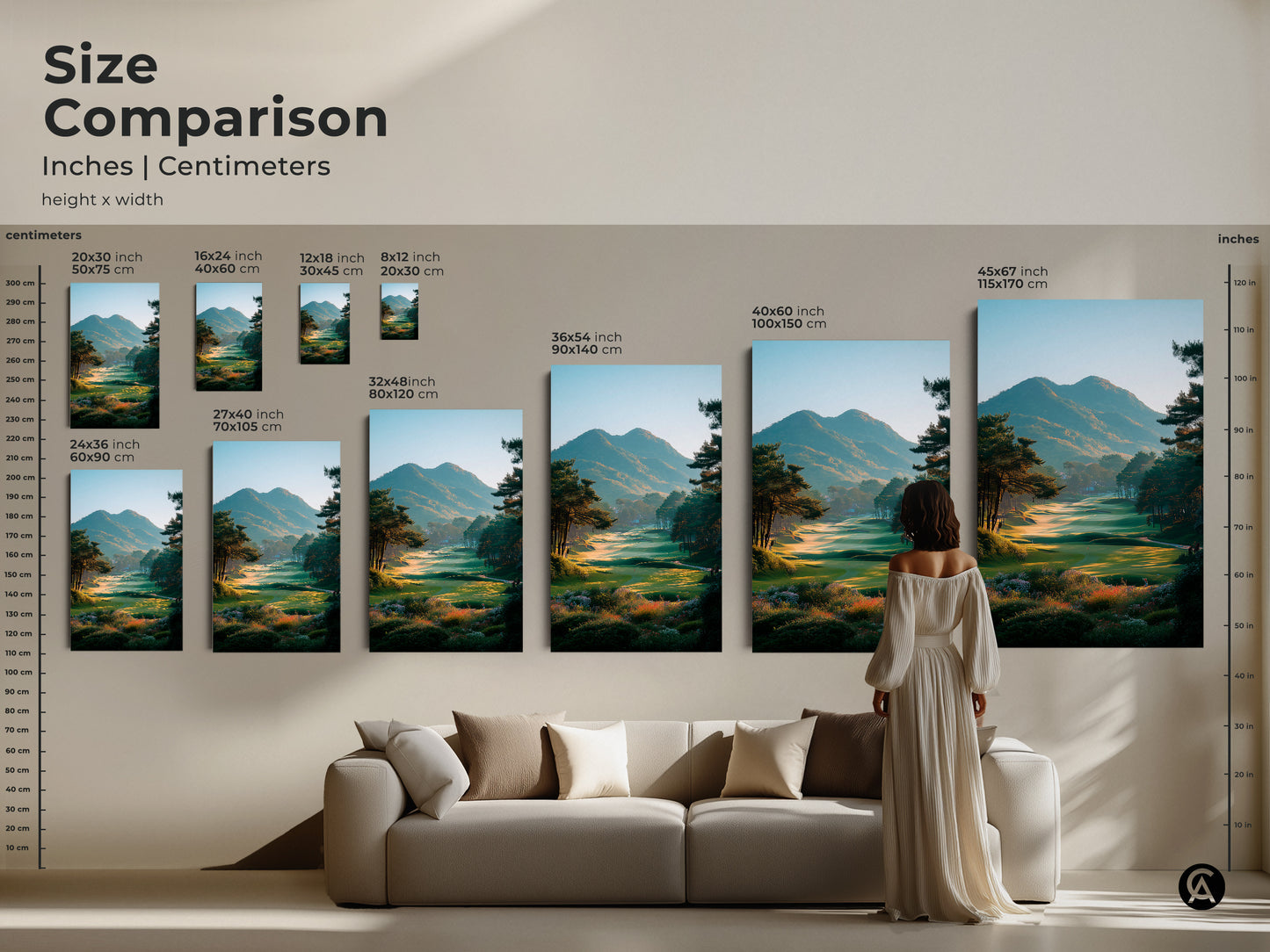 Size comparison of golf course landscape art in inches and centimeters. See how canvas and poster prints fit in your living space. Visualize the impact of large-scale golf artwork. Find your perfect size to enhance your home decor today.