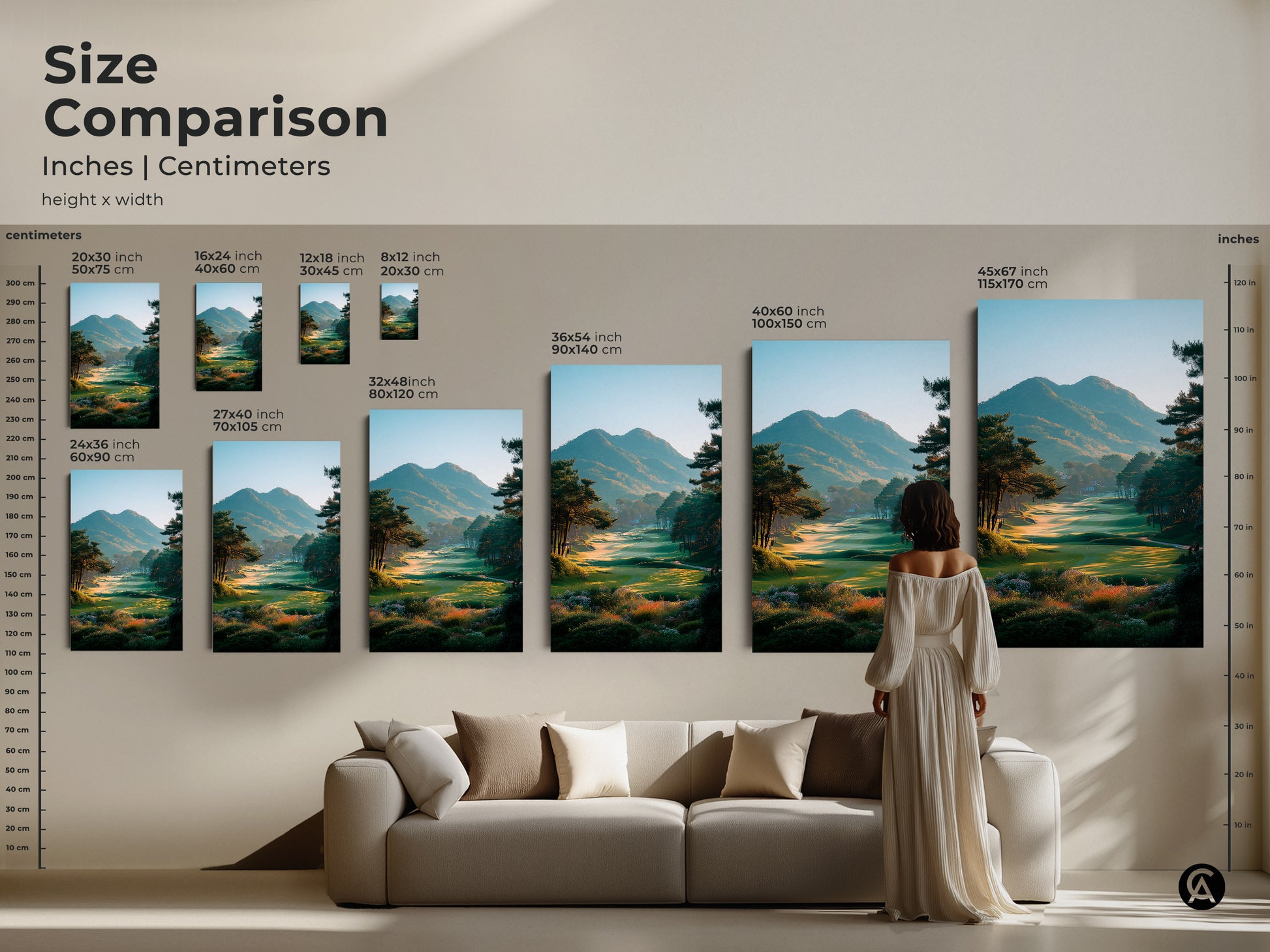 Size comparison of golf course landscape art in inches and centimeters. See how canvas and poster prints fit in your living space. Visualize the impact of large-scale golf artwork. Find your perfect size to enhance your home decor today.