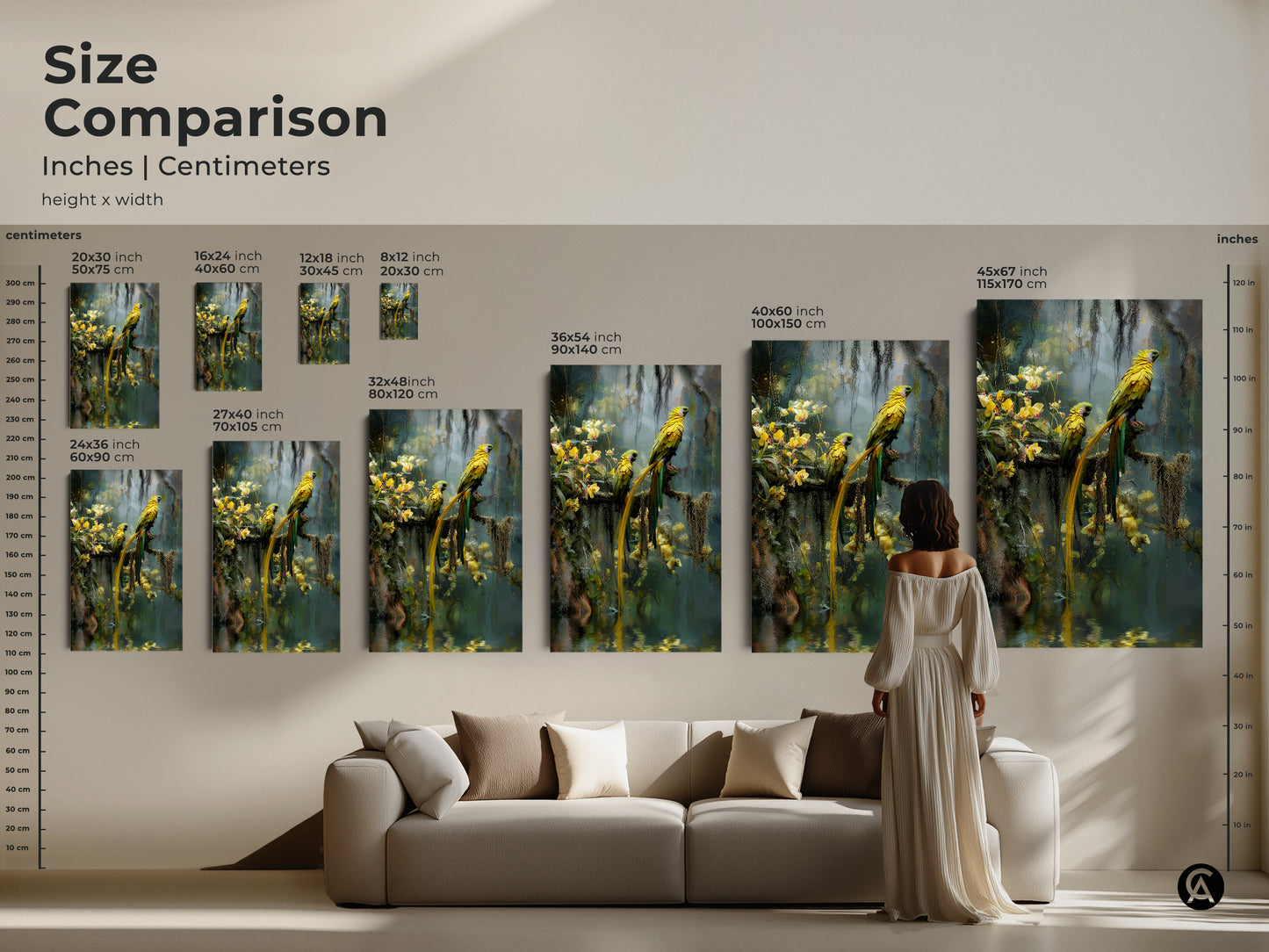 Size comparison of yellow parrot artwork in inches and centimeters. See how different sizes fit with furniture. Ranging from 8x12 inches to 45x67 inches. This tropical nature photography adds exotic bird wildlife to your walls. Perfect for any nature lover's home.