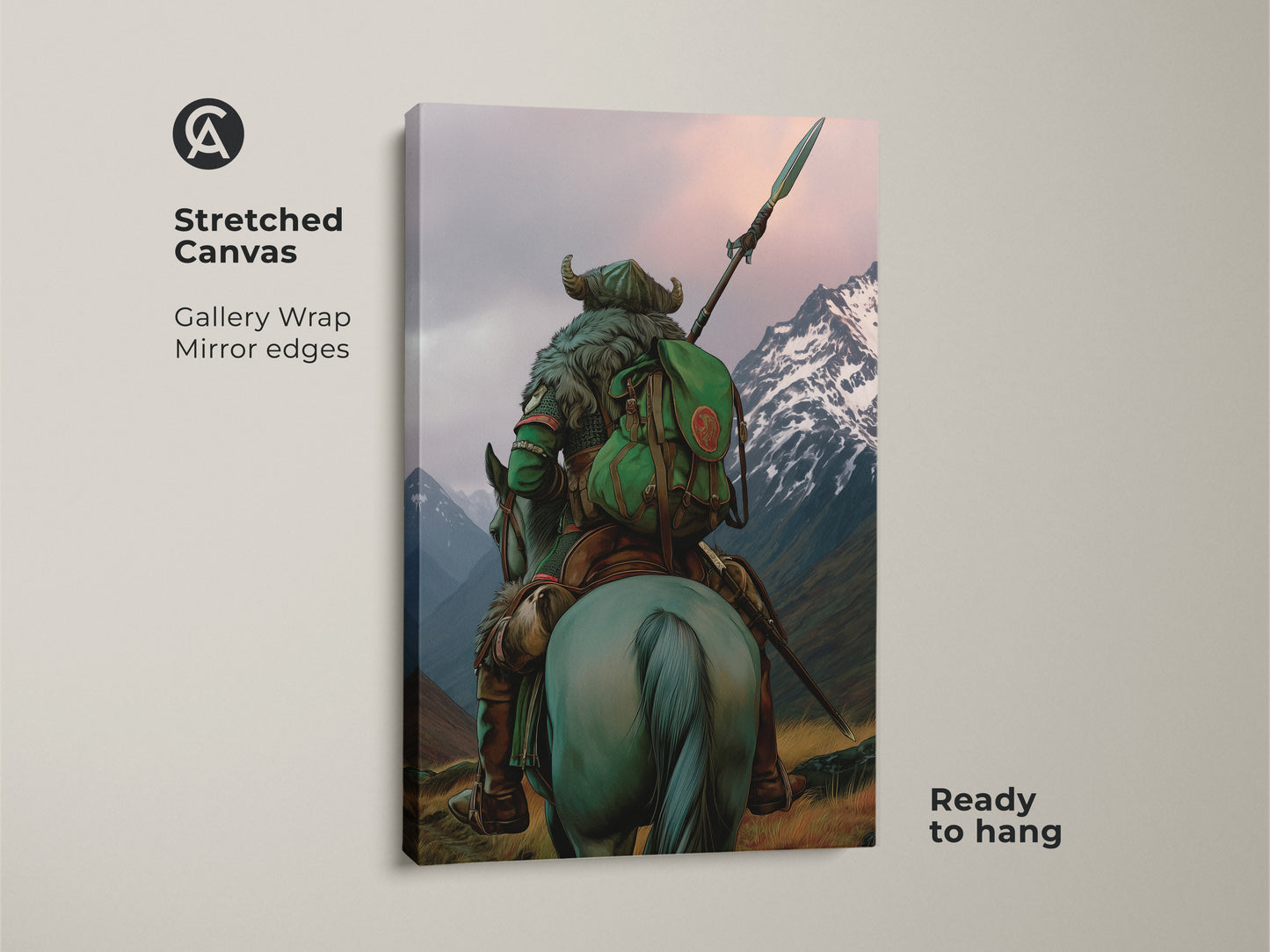 Elevate your space with this medieval warrior horse rider wall art on stretched canvas. The gallery wrap ensures mirror edges. The artwork features a dark fantasy warrior on horseback in a teal and grey mountain scene. Ready to hang. Perfect adventure themed art for a gamer room.