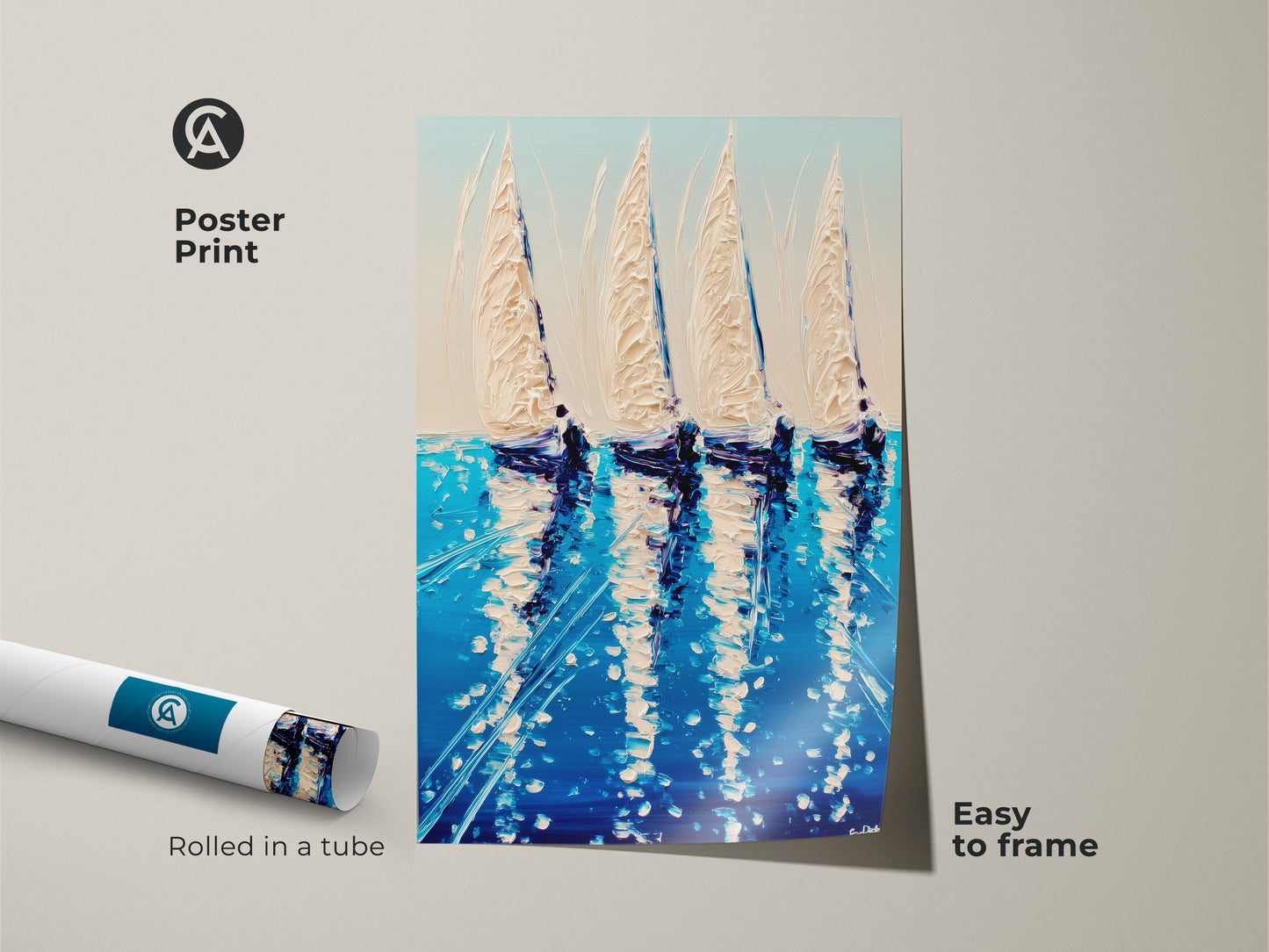 Coastal art print. Deep blue nautical artwork. Poster print of sailing ships. Easy to frame and rolled in a protective tube. Modern coastal painting for seaside artwork decor. This ocean view sailing art adds a touch of maritime charm. A perfect nautical gift.