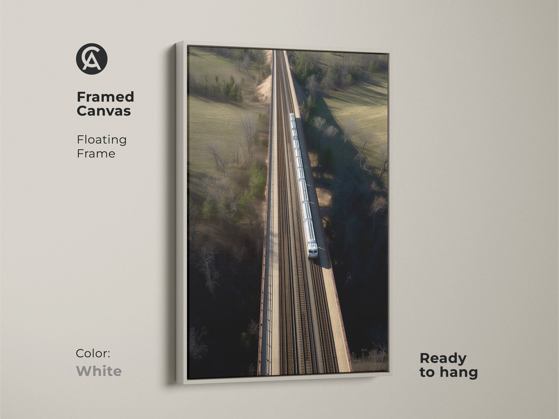 Adorn your walls with this framed canvas art. It features a modern aerial train bridge. The floating frame adds a contemporary touch. This art piece is ready to hang. It enhances any room. The realistic transportation artwork is set in a white frame.