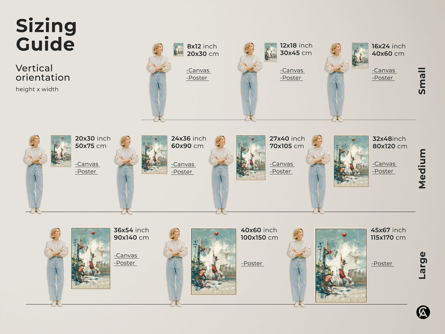 Discover the perfect size for your basketball art print. Our sizing guide shows vertical orientation options. Available as canvas or poster in small medium and large sizes. Find the ideal fit for your space. Transform any room with our artwork