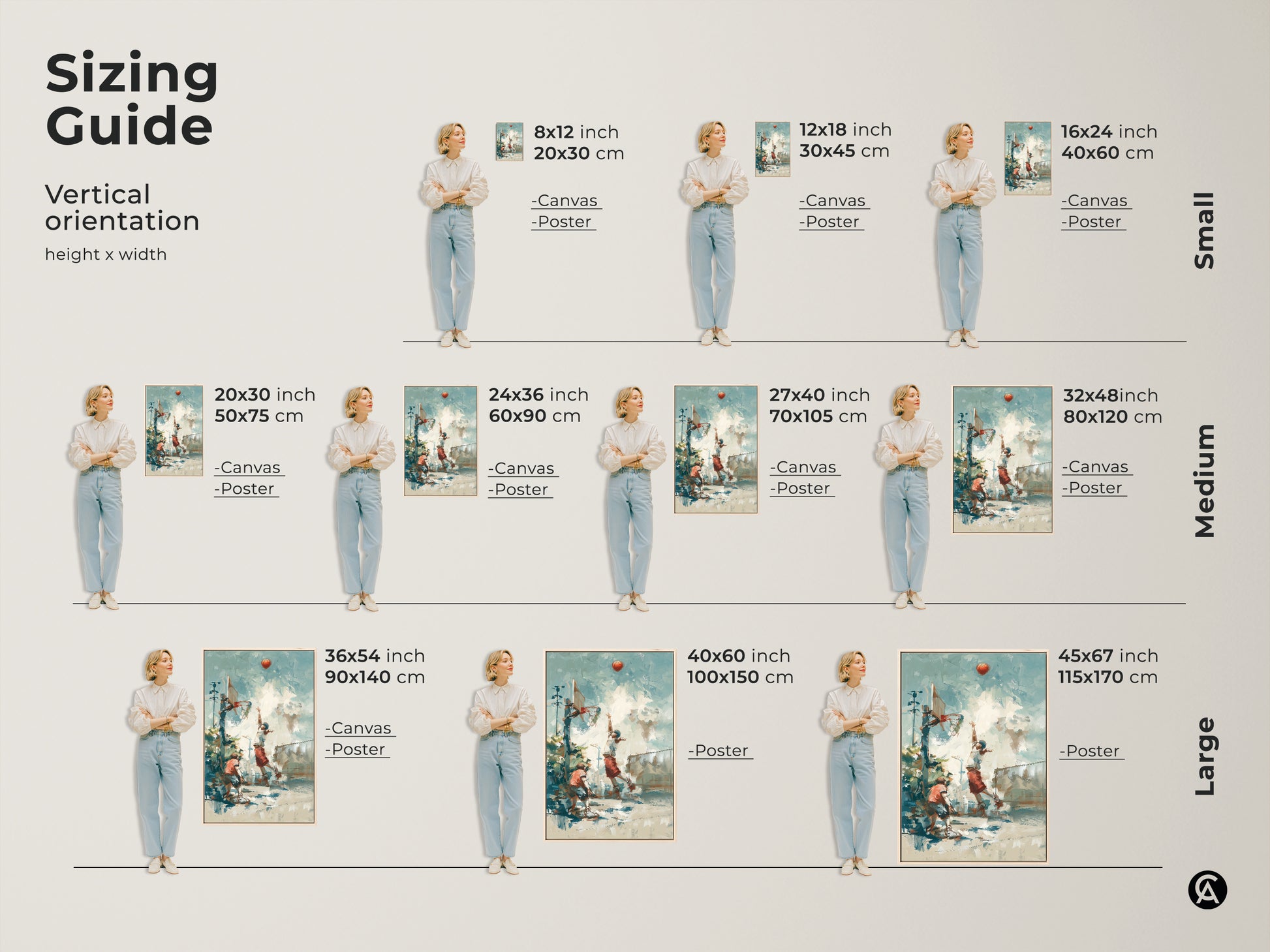 Discover the perfect size for your basketball art print. Our sizing guide shows vertical orientation options. Available as canvas or poster in small medium and large sizes. Find the ideal fit for your space. Transform any room with our artwork