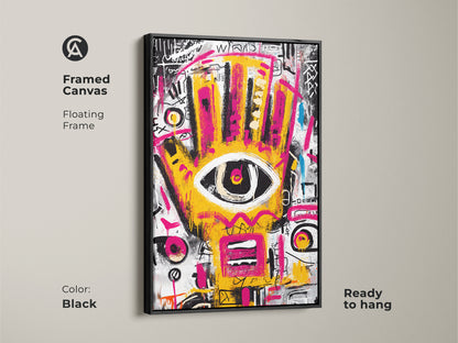 Black framed canvas of abstract artwork. The yellow and pink hand with an eye floats elegantly. This modern art is ready to hang. A striking addition to any room's decor.