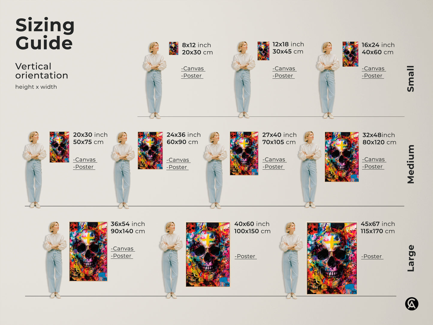 Sizing guide for skull artwork. Vertical orientation options available in small medium and large sizes. Find the perfect fit for your space. Options available in canvas and poster prints. Shop Now.