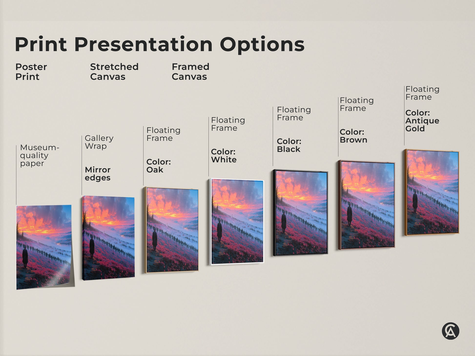 Explore print presentation options for fantasy landscape artwork. See poster prints stretched canvas and framed canvas examples. Choose from museum-quality paper and floating frame colors.