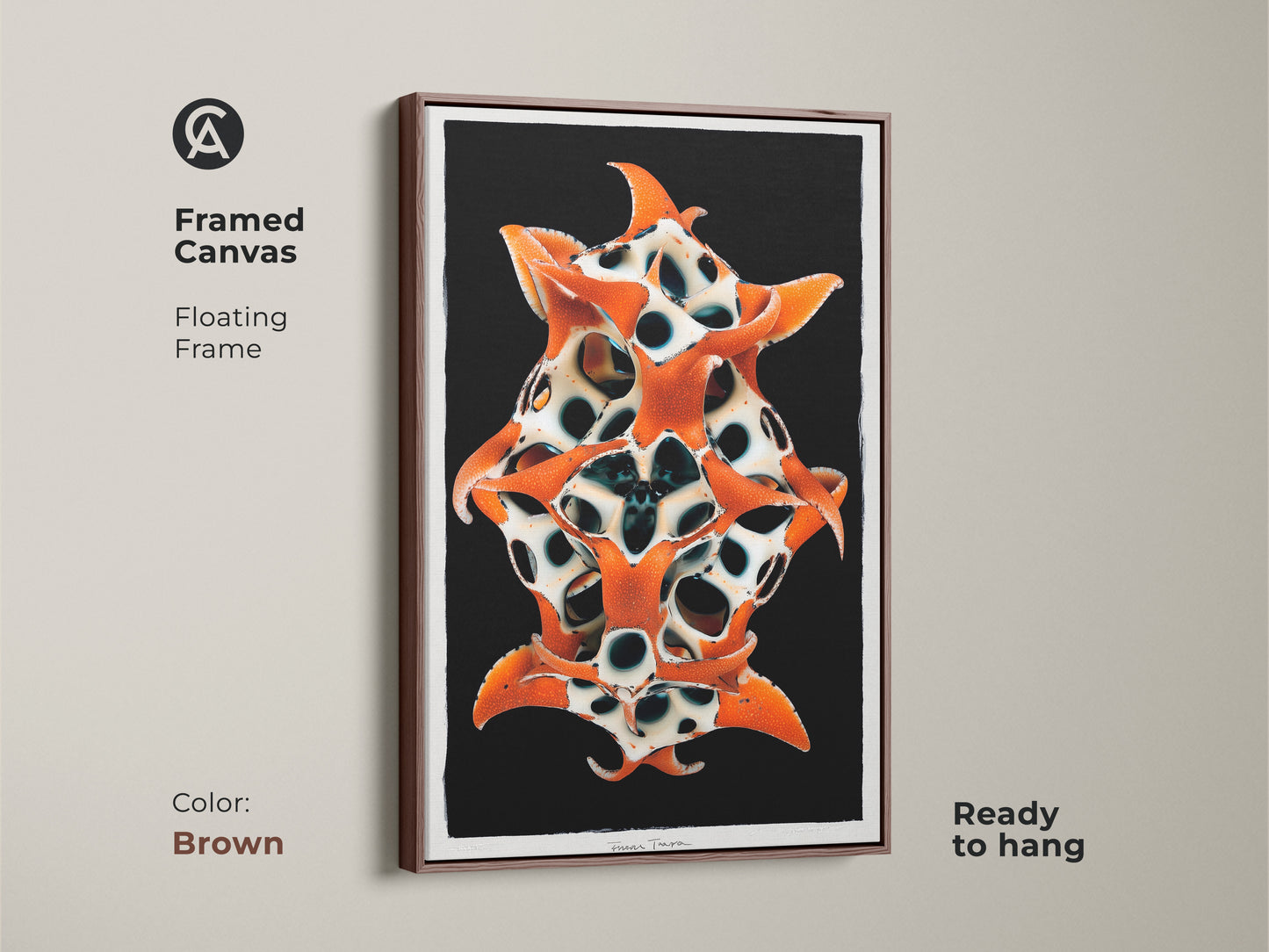 Framed Canvas showcasing a floating frame in brown. Surreal biomorphic sculpture creates a striking visual. This orange black white abstract art is perfect for adding modern style. Ready to hang