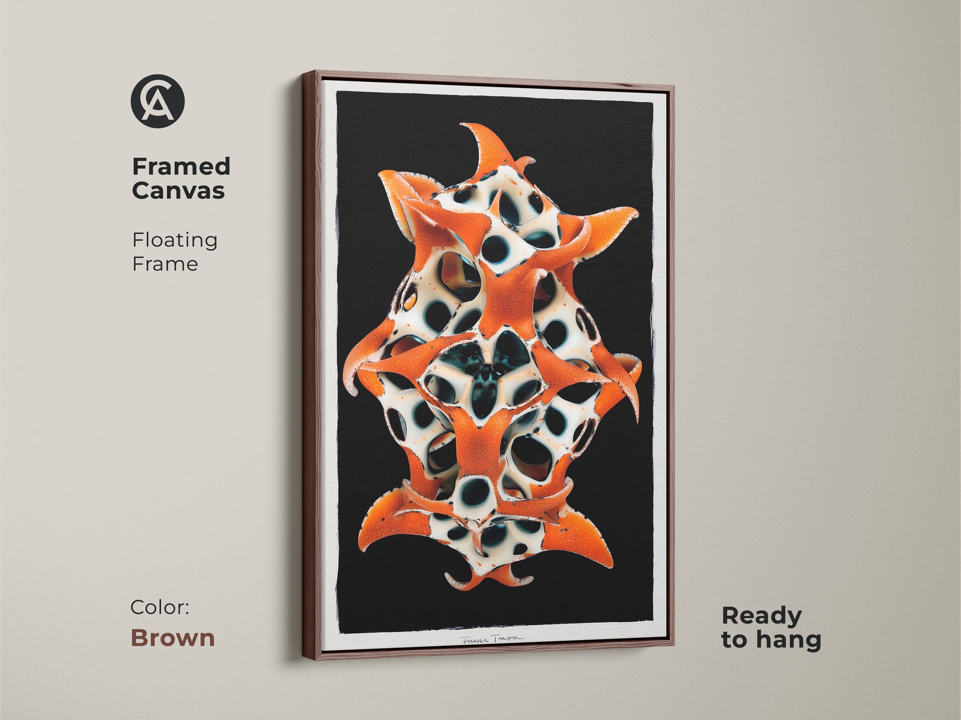Framed Canvas showcasing a floating frame in brown. Surreal biomorphic sculpture creates a striking visual. This orange black white abstract art is perfect for adding modern style. Ready to hang