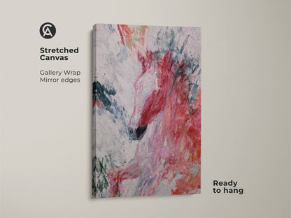 Close-up of an abstract horse canvas print. The artwork showcases expressive brushstrokes and a lively coral and teal palette. This piece is stretched and ready to hang adding an artistic touch to eclectic bedroom decor. It's an ideal expressive animal print for those who appreciate modern eclectic art.