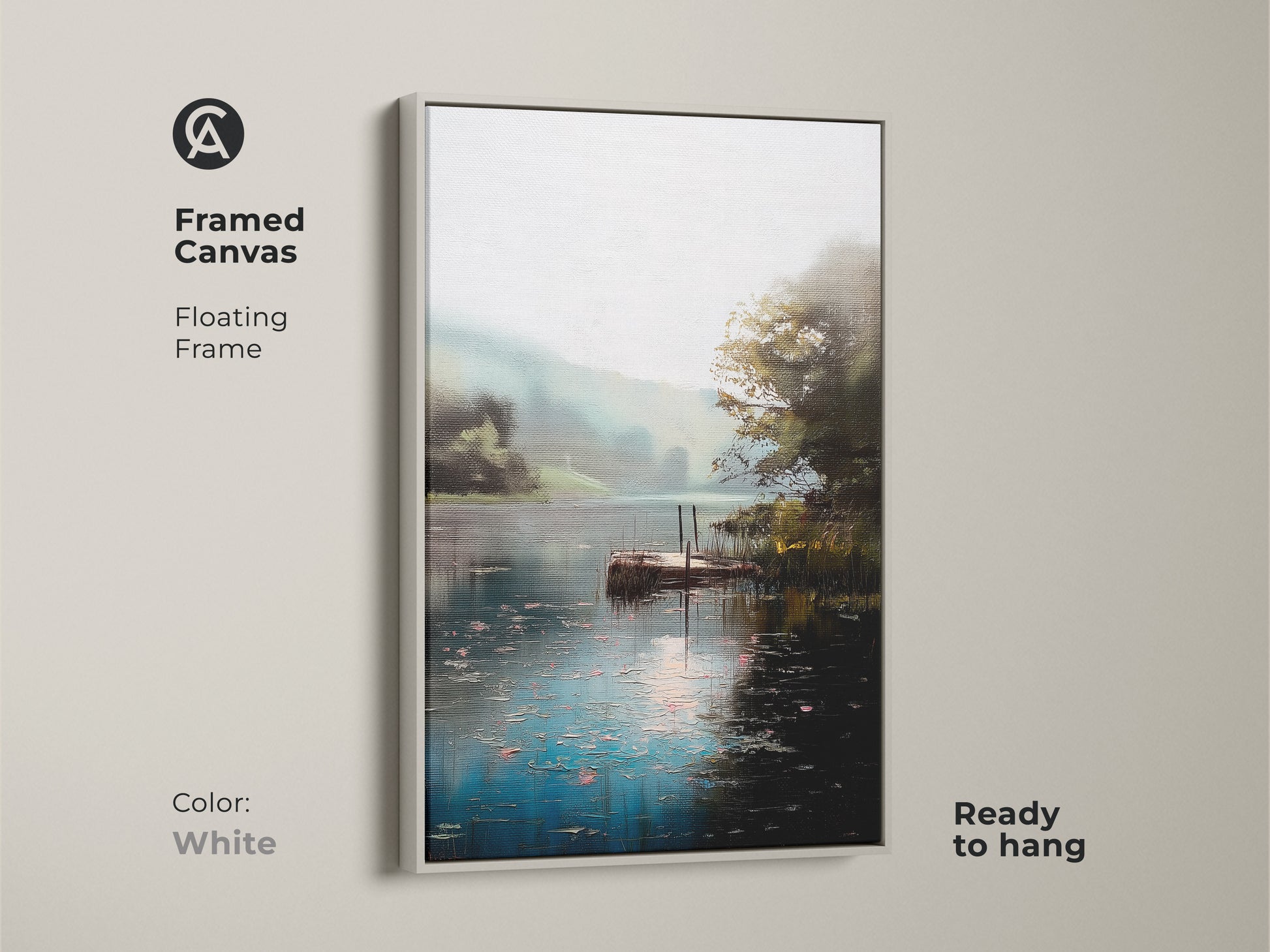 Framed canvas art displaying a tranquil lake landscape with a dock. The white floating frame highlights the impressionist nature artwork. Teal green water creates a peaceful and serene atmosphere. Ready to hang this framed print is perfect for adding a natural touch to your decor.