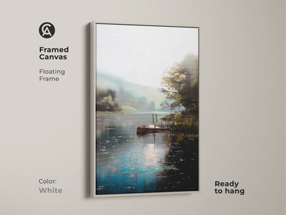 Framed canvas art displaying a tranquil lake landscape with a dock. The white floating frame highlights the impressionist nature artwork. Teal green water creates a peaceful and serene atmosphere. Ready to hang this framed print is perfect for adding a natural touch to your decor.