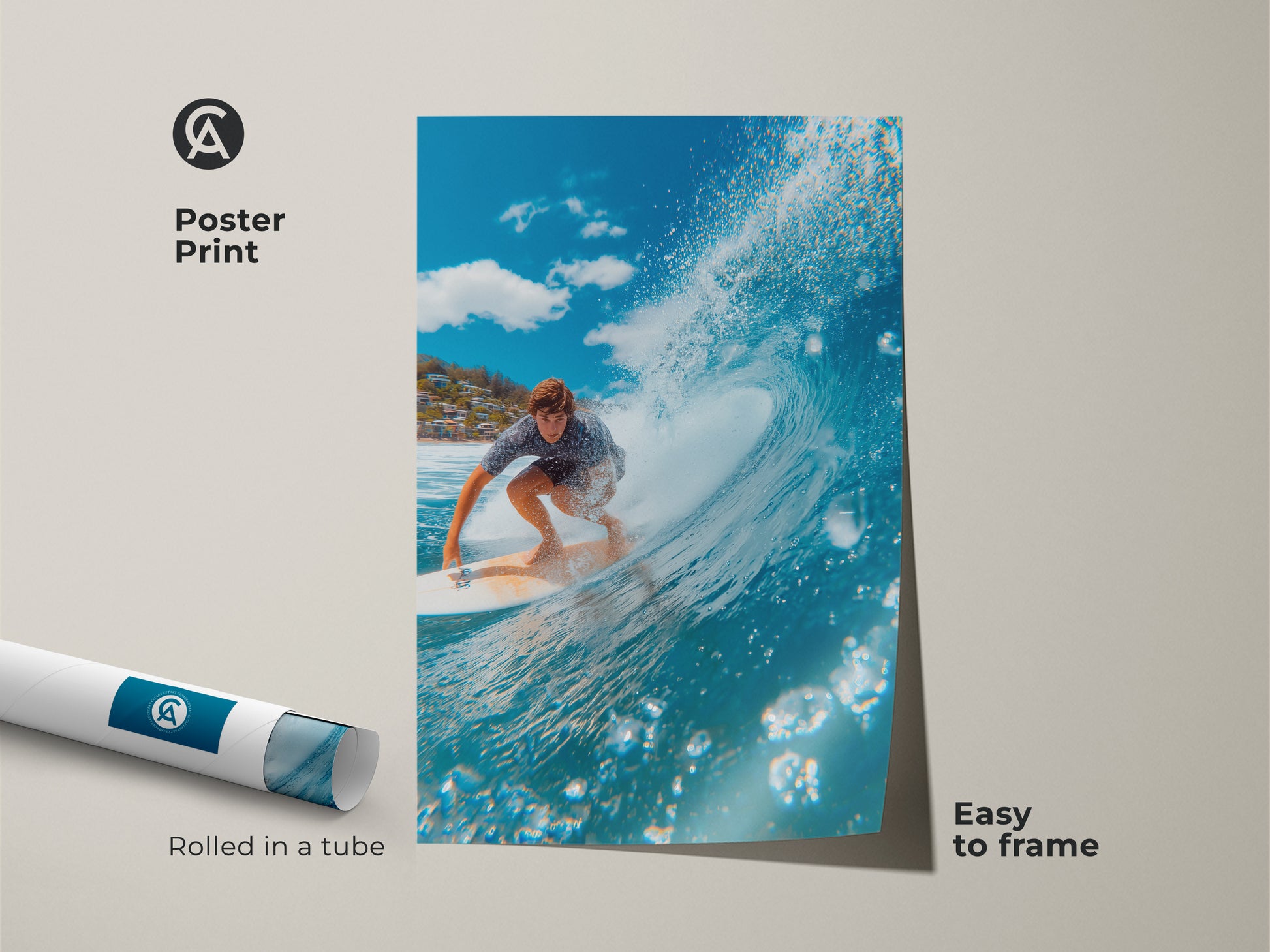 Poster print of surfing art. The artwork shows a man riding inside of a wave. It is rolled in a tube and easy to frame. This museum-quality paper will look great in your home. A perfect gift for surfers