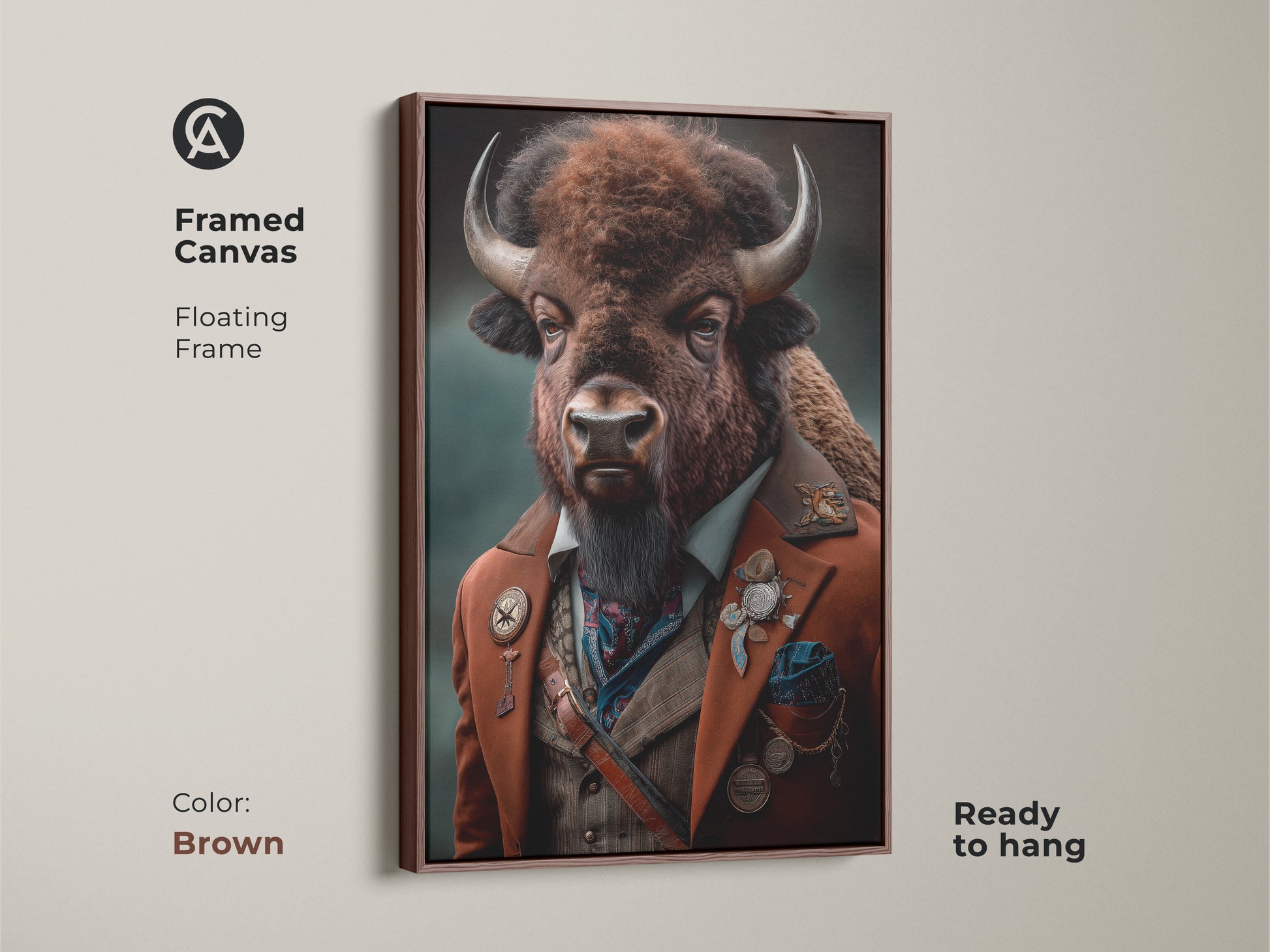 This steampunk bison portrait is showcased in a brown floating frame. This Victorian bison artwork is a unique animal lover gift. It's an anthropomorphic animal canvas perfect for adding character to a living room. This brown and teal artwork blends fantasy with vintage style. It is a custom animal art gift.
