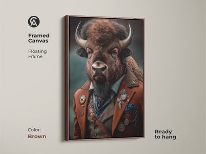 This steampunk bison portrait is showcased in a brown floating frame. This Victorian bison artwork is a unique animal lover gift. It's an anthropomorphic animal canvas perfect for adding character to a living room. This brown and teal artwork blends fantasy with vintage style. It is a custom animal art gift.