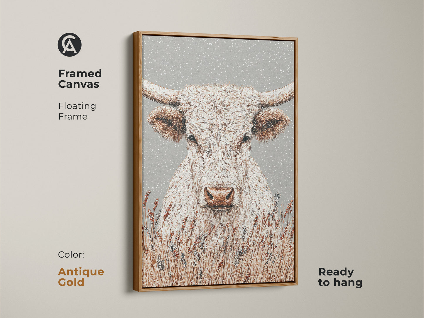Framed canvas artwork of a white longhorn bull with an antique gold floating frame. The antique gold frame adds a touch of vintage elegance. The canvas is ready to hang. Perfect for your home.