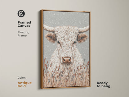 Framed canvas artwork of a white longhorn bull with an antique gold floating frame. The antique gold frame adds a touch of vintage elegance. The canvas is ready to hang. Perfect for your home.