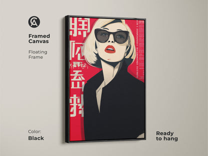 Framed canvas of a pop art woman. Black floating frame enhances this retro fashion portrait. The red sunglasses wall art is ready to hang. A chic addition to any contemporary space.