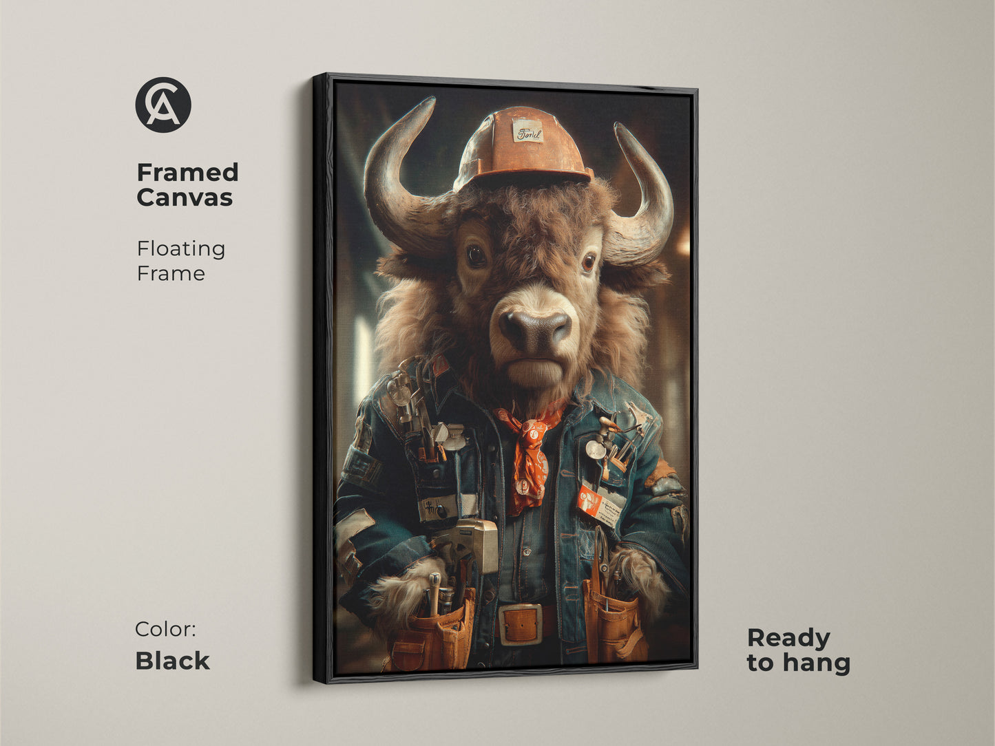 Framed canvas showcases a steampunk buffalo. The animal canvas wall art with a black floating frame. This office art print is a great gift for Father's Day. The denim blue and orange colors add a rustic touch to any workplace or man cave. The buffalo has human-like traits.