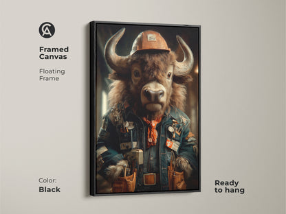 Framed canvas showcases a steampunk buffalo. The animal canvas wall art with a black floating frame. This office art print is a great gift for Father's Day. The denim blue and orange colors add a rustic touch to any workplace or man cave. The buffalo has human-like traits.