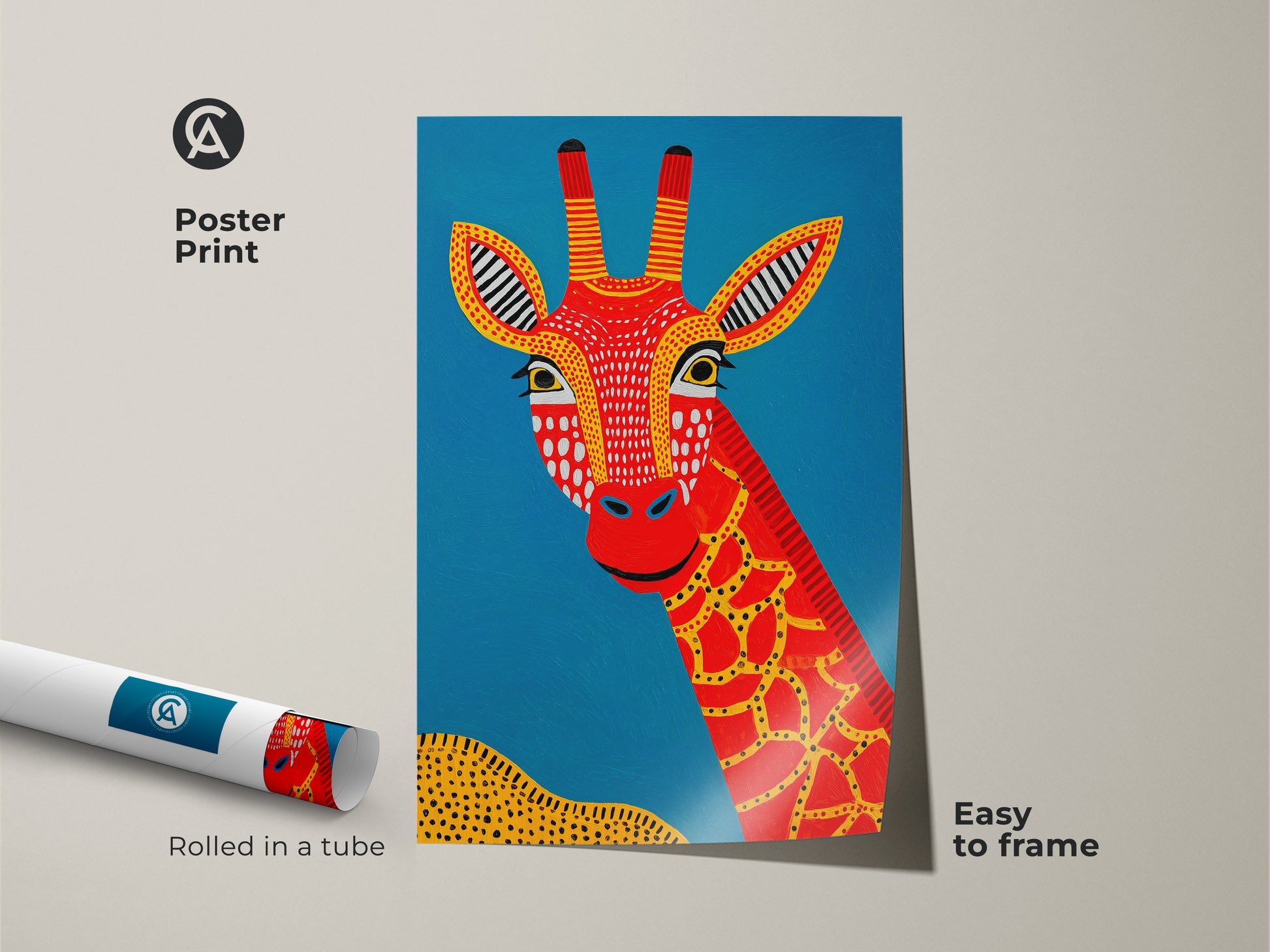 Poster Print version of the Boho Tribal Giraffe Wall Art. This easy-to-frame African safari animals decor is rolled in a tube. The red yellow and blue canvas art makes a delightful animal lover gift. Add a touch of abstract pattern and colorful charm to your nursery or kids room with this unique giraffe face artwork.
