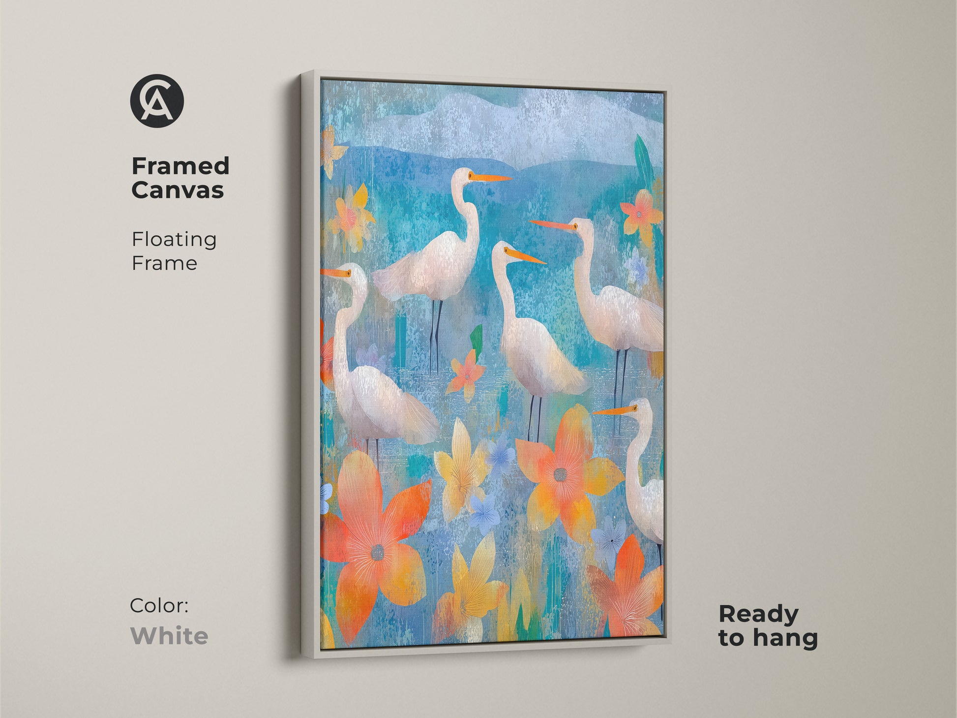White framed canvas featuring egrets among blooms. Bird art for apartment decor. The teal blue nature poster is ready to hang. Unique floral canvas wall art for nature lovers.