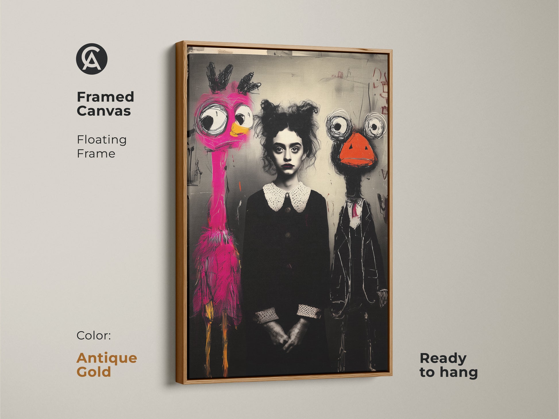 Framed canvas print of surreal wall art. The antique gold floating frame features a pink flamingo and ostrich character. It is ready to hang. This is perfect for eclectic or modern decor. This whimsical artwork is a great gift for art lovers. The black white and pink colors add a unique touch.