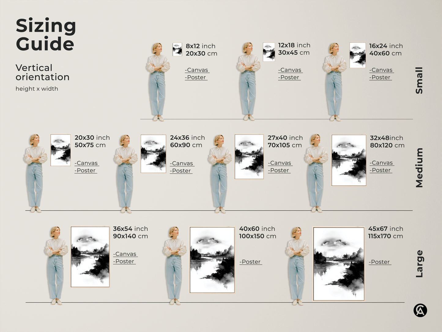 Sizing guide for vertical abstract forest lake wall art. Visualize different sizes of the canvas and poster prints. Find the perfect fit for your space with this minimalist ink wash art. The black and white nature print adds a touch of modern elegance. Transform your home with serene wall decor.