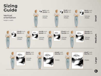 Sizing guide for vertical abstract forest lake wall art. Visualize different sizes of the canvas and poster prints. Find the perfect fit for your space with this minimalist ink wash art. The black and white nature print adds a touch of modern elegance. Transform your home with serene wall decor.
