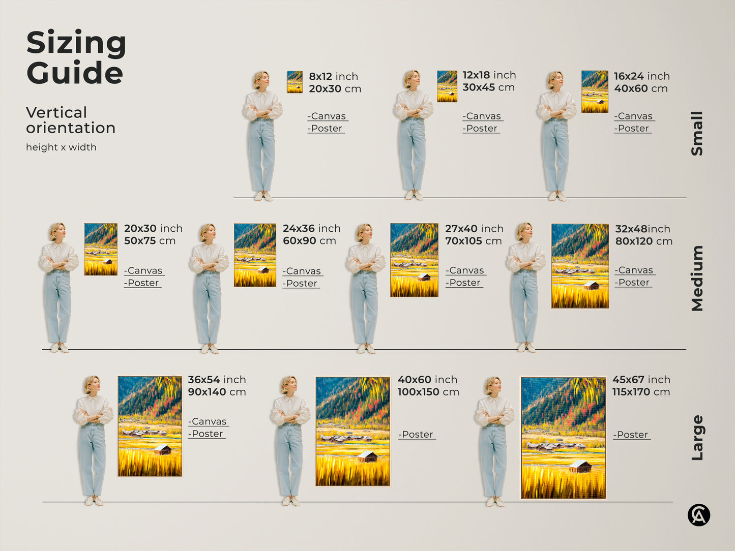 Sizing guide for vertical rustic barn landscape art. Select from canvas or poster prints in various sizes. From small 8x12 to large 45x67 inch. This golden yellow and blue farmhouse artwork is perfect for any space. Find the ideal fit for your farmhouse style wall.