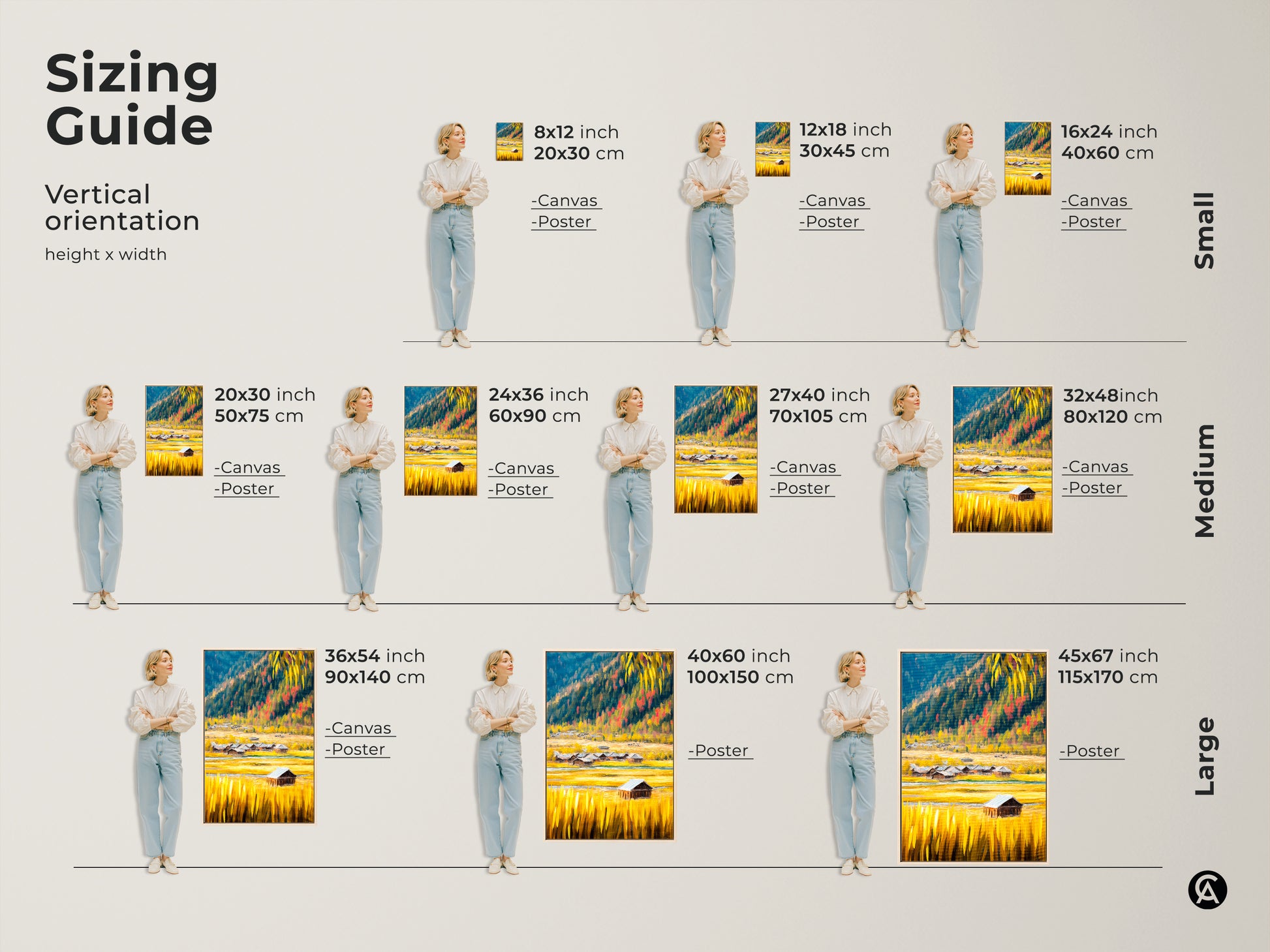 Sizing guide for vertical rustic barn landscape art. Select from canvas or poster prints in various sizes. From small 8x12 to large 45x67 inch. This golden yellow and blue farmhouse artwork is perfect for any space. Find the ideal fit for your farmhouse style wall.