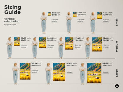 Sizing guide for vertical rustic barn landscape art. Select from canvas or poster prints in various sizes. From small 8x12 to large 45x67 inch. This golden yellow and blue farmhouse artwork is perfect for any space. Find the ideal fit for your farmhouse style wall.