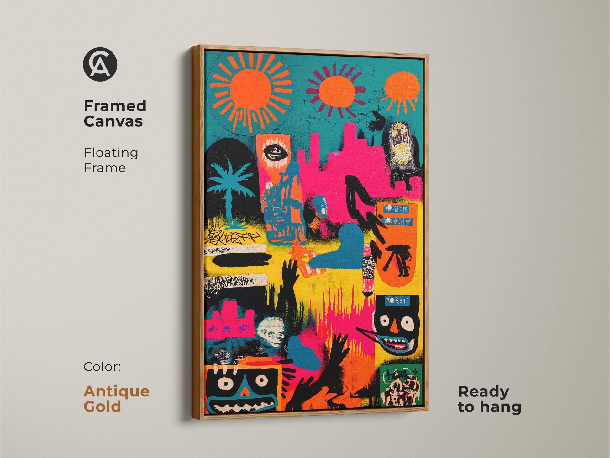 Framed canvas with a floating frame in antique gold. The abstract artwork features bright colors and unique figures. This modern art piece is ready to hang. The framed canvas enhances any living space with creativity and style