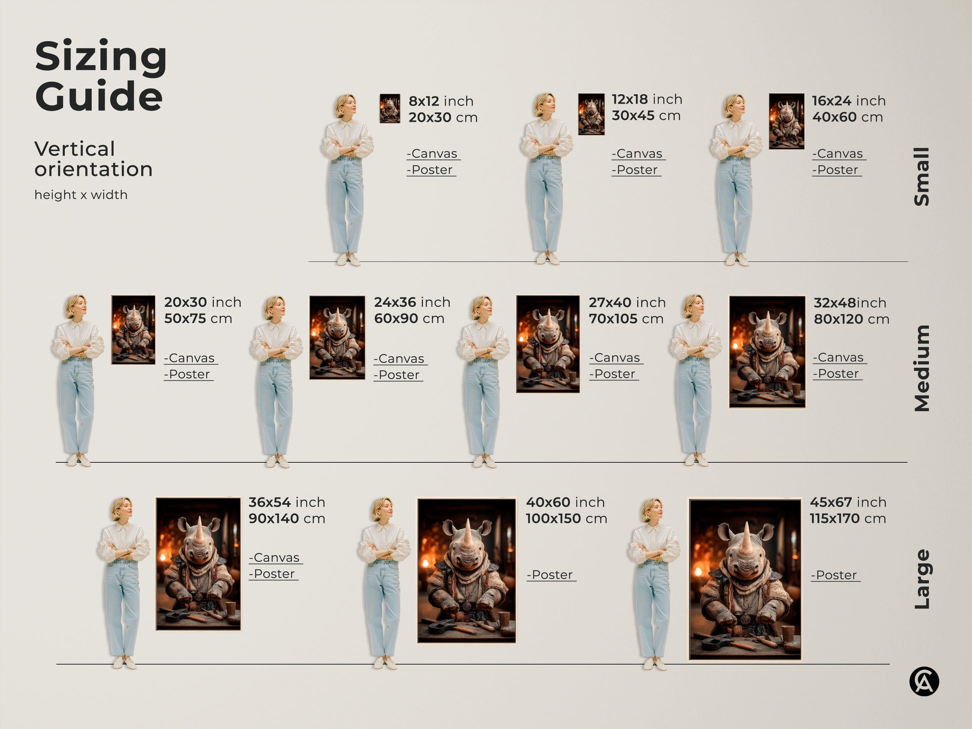 Sizing guide for the fantasy rhino character art print. It shows various vertical sizes available. These art prints are ideal for eclectic decor. They're available as canvas or poster prints to suit any animal lover's space. Find the perfect fit to add character and charm to your home or office.