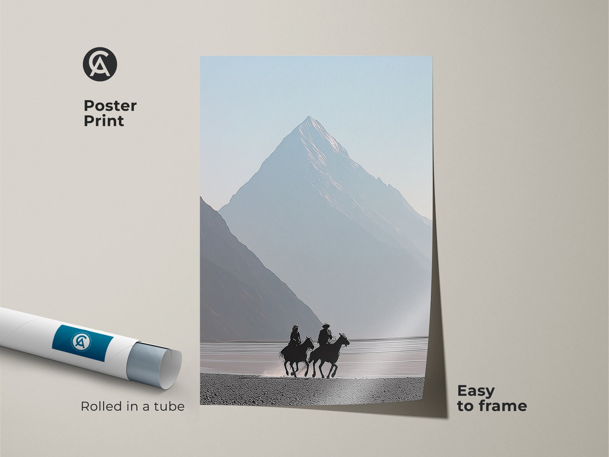 Poster print featuring cowboys on horseback in a misty blue mountain landscape. Minimalist western art for easy framing. Rolled in a tube for safe delivery. Modern scenic artwork brings a touch of the open range to your home. Perfect outdoor lover gift.
