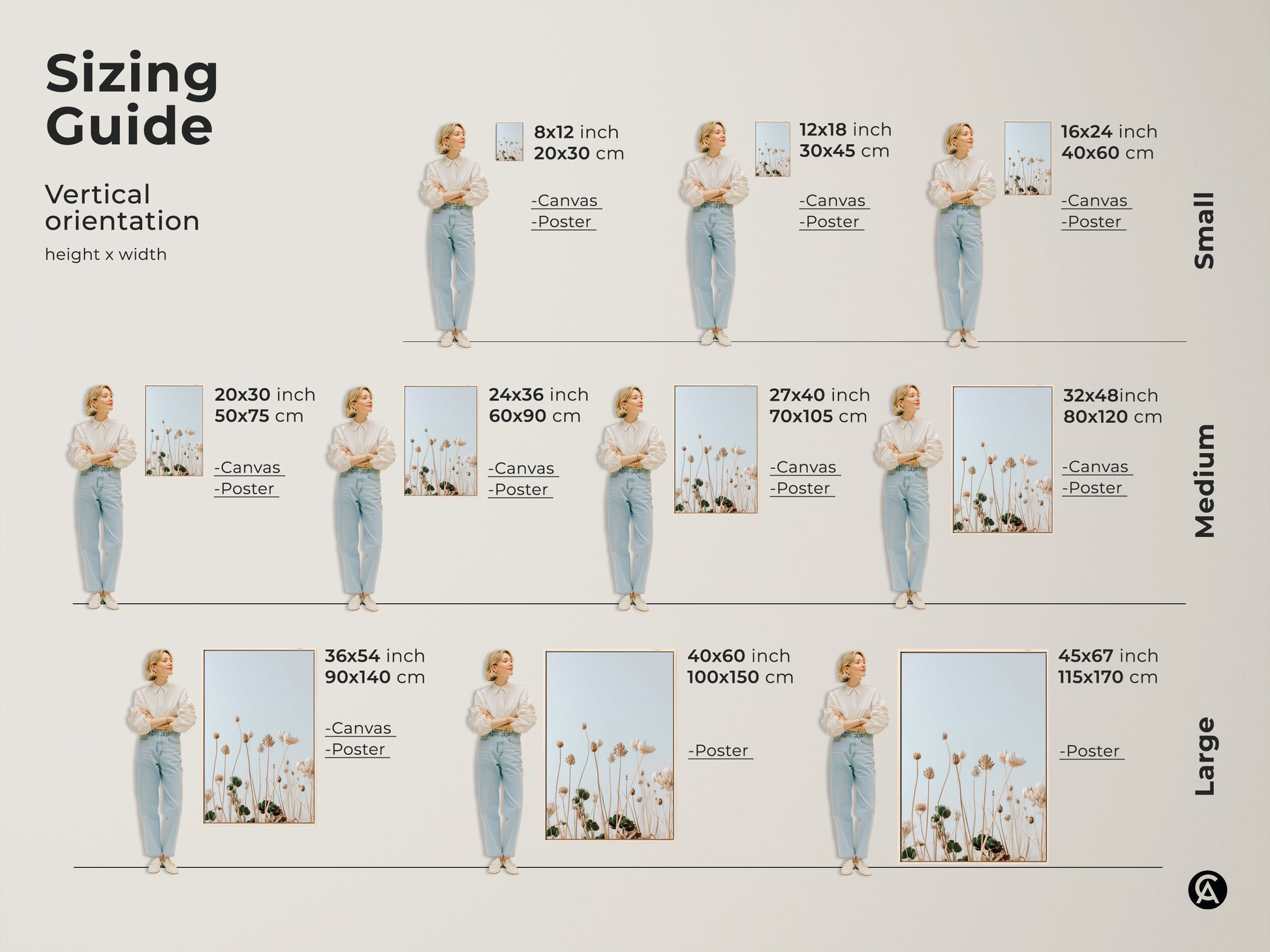 Sizing guide for vertical wildflower art prints. Find the perfect fit for your space in canvas or poster form. Choose from small medium or large sizes. This minimalist botanical art is great for bedroom decor. Ideal as a housewarming gift for plant lovers. Enhance your home with cream and light blue floral accents.