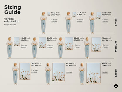 Sizing guide for vertical wildflower art prints. Find the perfect fit for your space in canvas or poster form. Choose from small medium or large sizes. This minimalist botanical art is great for bedroom decor. Ideal as a housewarming gift for plant lovers. Enhance your home with cream and light blue floral accents.