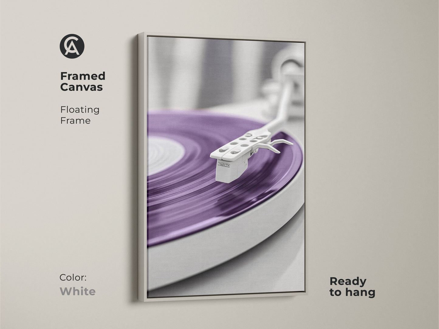 White framed canvas print of a purple vinyl record. This abstract turntable artwork offers a minimalist mid-century modern style. Ideal for a music room or studio apartment. This is a perfect gift for music lovers and record collectors. Ready to hang.